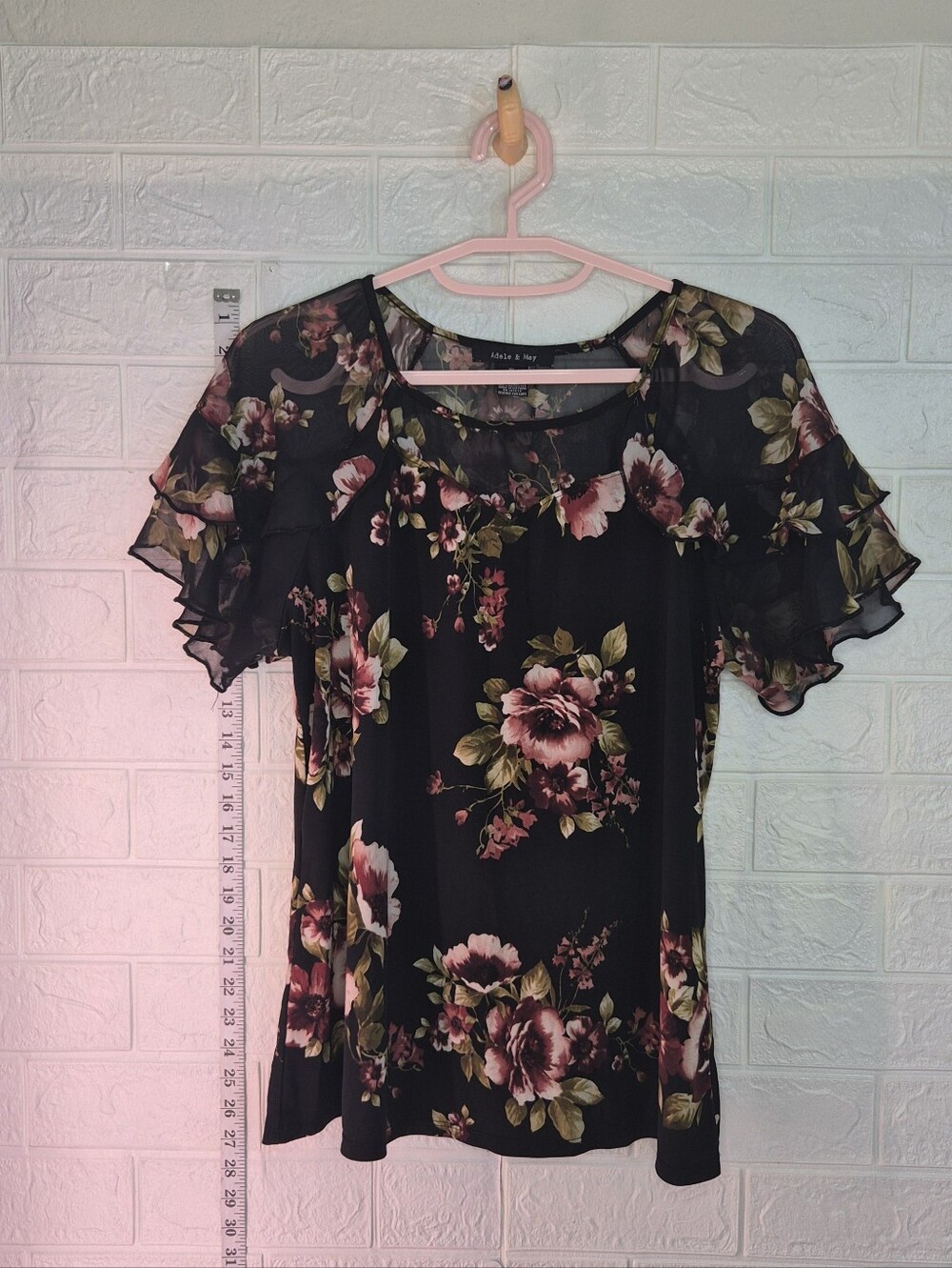 Adele & May Women's Black Blouse W/Sheer Floral Double Flutter Sleeves~Size XL